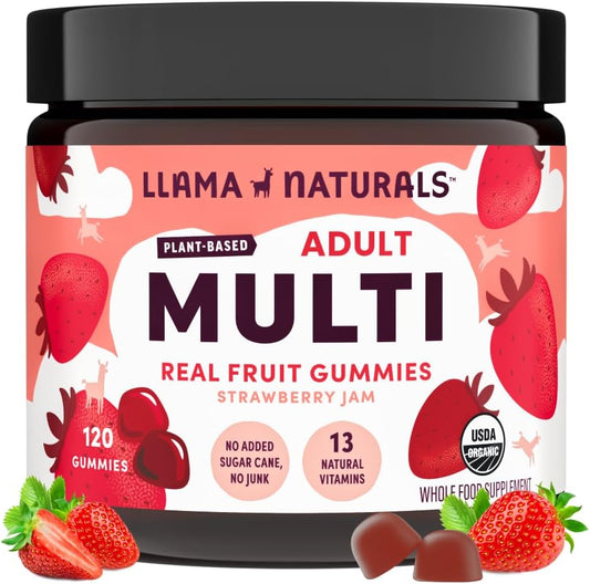 Organic Vegan Whole Food Multivitamin Gummies for Adults - Llama Naturals Strawberry Chewables (120 Count)