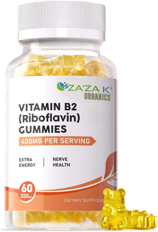 Organic Vitamin B2 Gummies - Riboflavin Supplements 400mg for Kids & Adults - Vegan Energy Support & Nerve Health - 60 Gummies