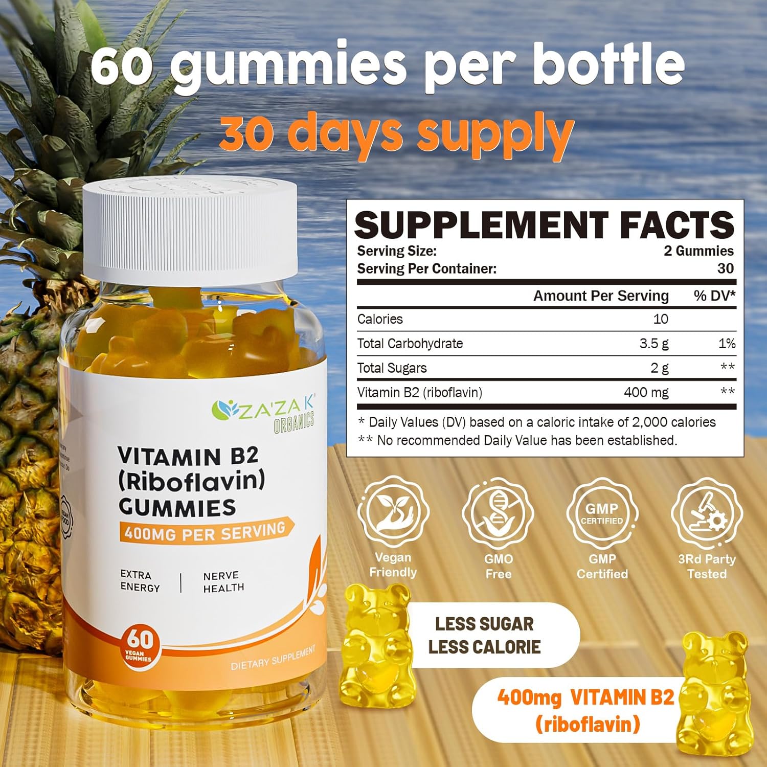 Organic Vitamin B2 Gummies - Riboflavin Supplements 400mg for Kids & Adults - Vegan Energy Support & Nerve Health - 60 Gummies