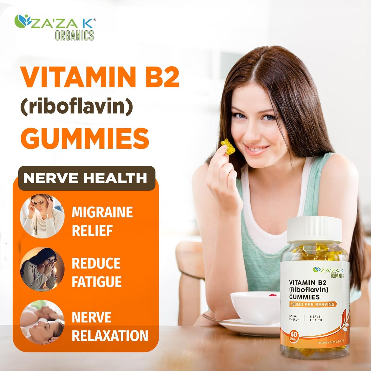 Organic Vitamin B2 Gummies - Riboflavin Supplements 400mg for Kids & Adults - Vegan Energy Support & Nerve Health - 60 Gummies