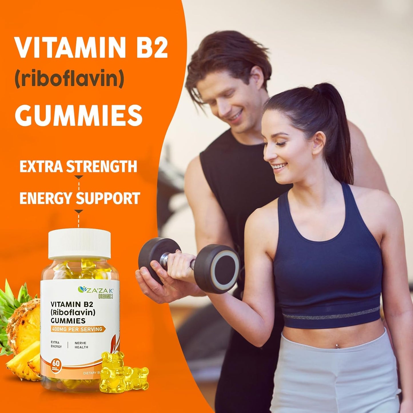 Organic Vitamin B2 Gummies - Riboflavin Supplements 400mg for Kids & Adults - Vegan Energy Support & Nerve Health - 60 Gummies