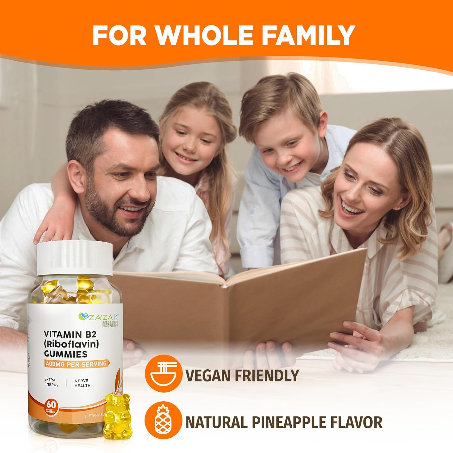 Organic Vitamin B2 Gummies - Riboflavin Supplements 400mg for Kids & Adults - Vegan Energy Support & Nerve Health - 60 Gummies