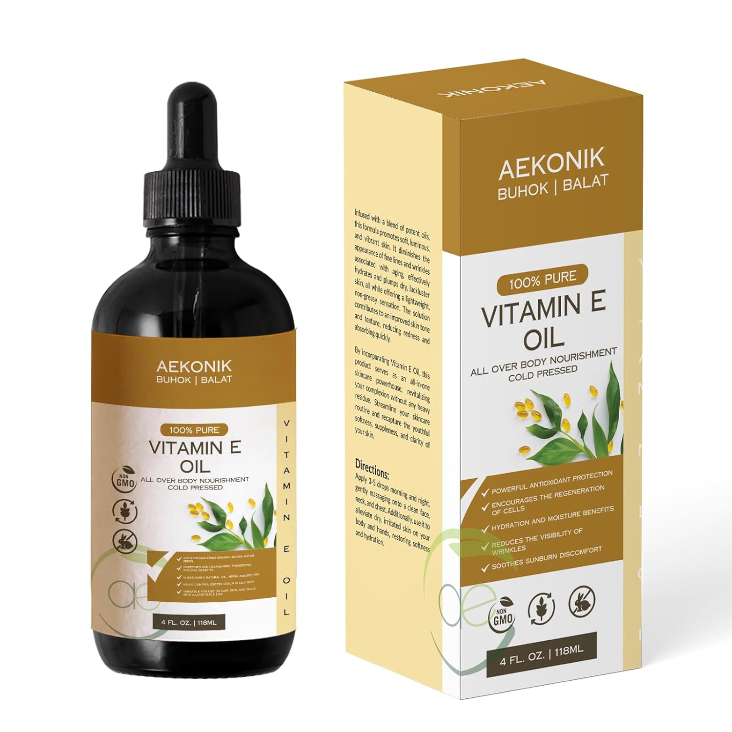 Organic Vitamin E Oil for Body and Skin Care - Pure 4-Oz Vitamin E Oil by AEKONIK
