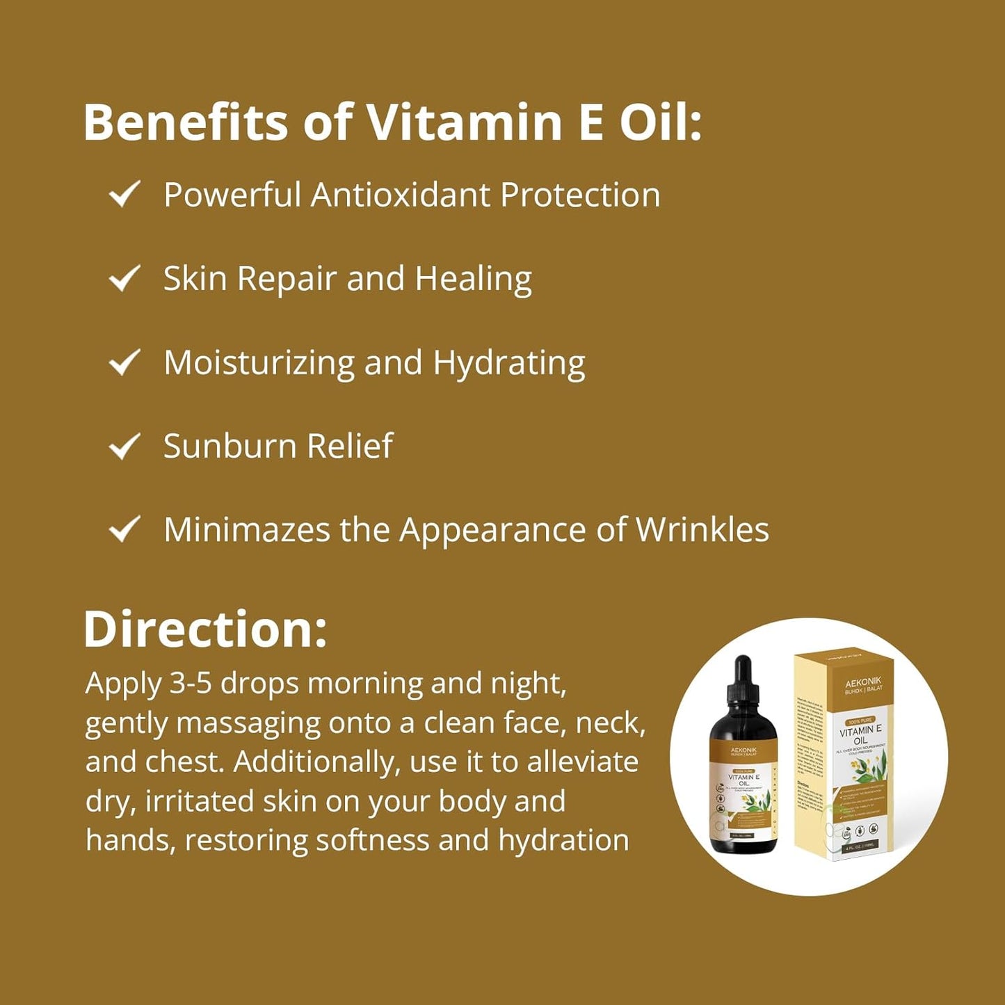 Organic Vitamin E Oil for Body and Skin Care - Pure 4-Oz Vitamin E Oil by AEKONIK