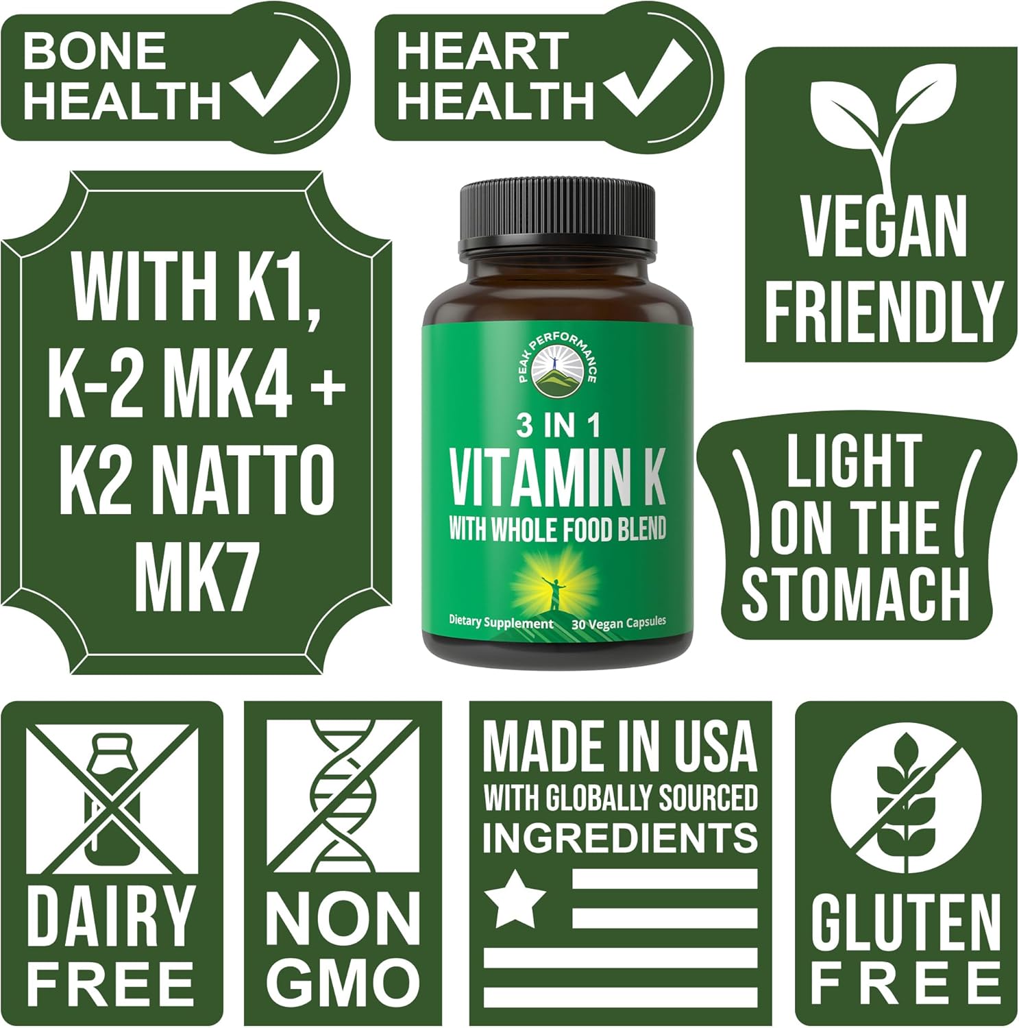 Organic Vitamin K Supplement with 25+ Whole Food Vegetables and Fruits for Maximum Absorption - Vegan Capsules with K1, K-2 MK4, and K2 Natto MK7 - Alternative to Drops and Gummies