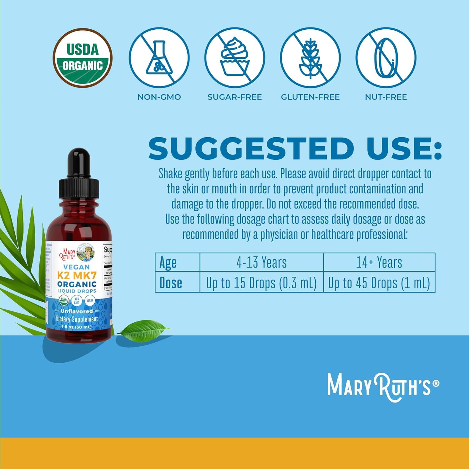 Organic Vitamin K2 MCT Liquid Drops for Adults & Kids | 100 mcg K2 MK7 + MCT Oil | Vegan Bone & Heart Health Support