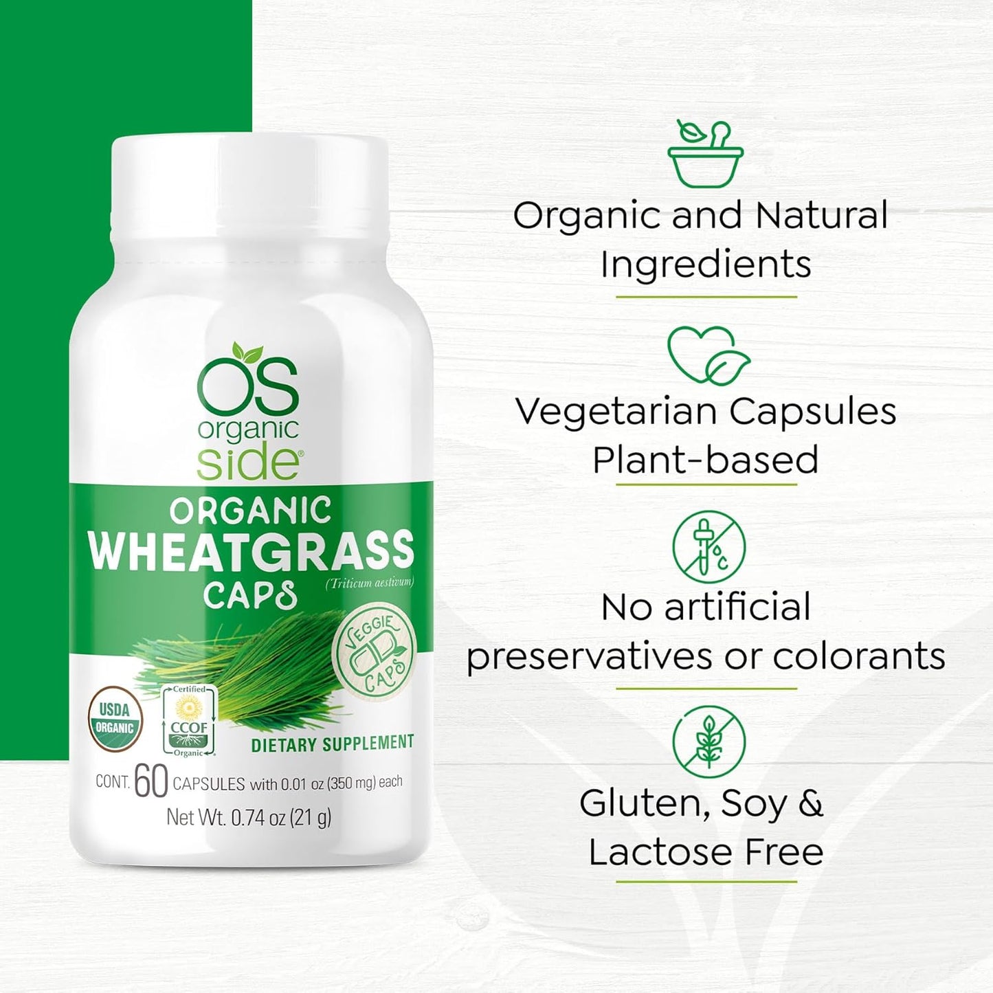 Organic Wheatgrass Capsules - 60 Count | USDA Certified, Non-GMO, Vegan Supplement for Natural Energy Boost & Immune Support