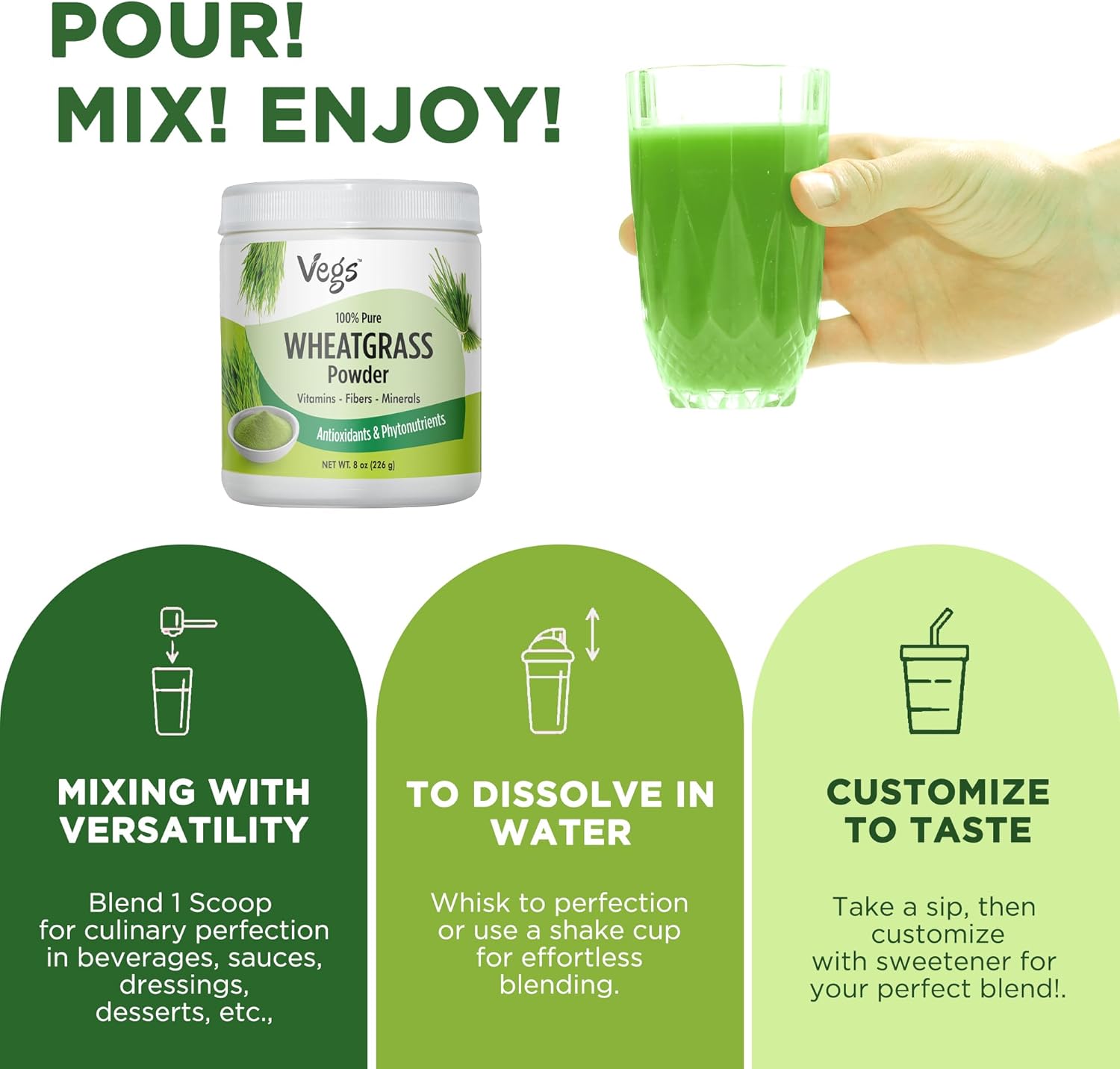 Organic Wheatgrass Powder Juice - Superfood Blend for Immunity and Digestive Health - Ideal for Smoothies, Juices, and Baking - 8 Oz Pack