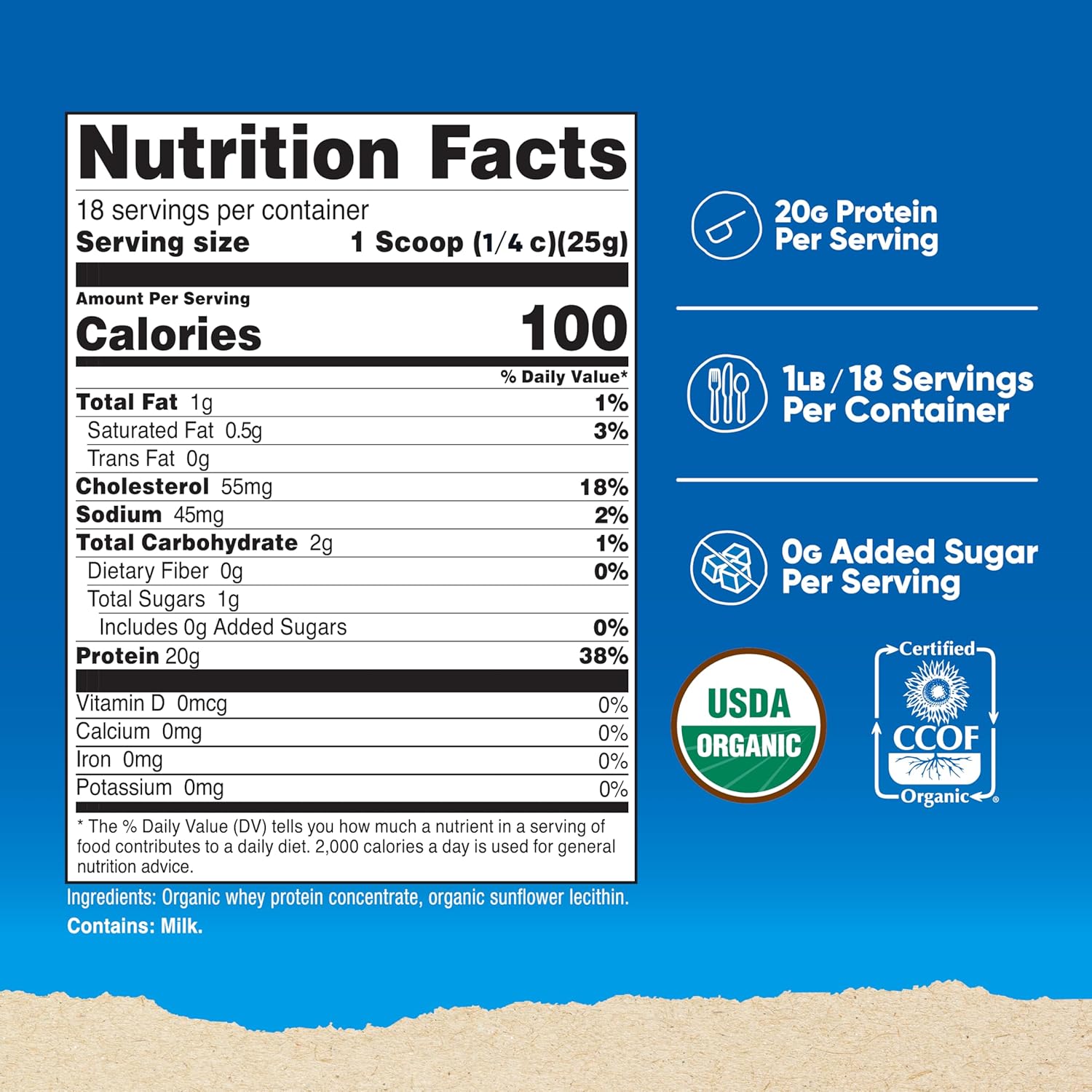 Organic Whey Protein Concentrate Powder - Unflavored (1LB) - Gluten-Free, Non-GMO by Nutricost