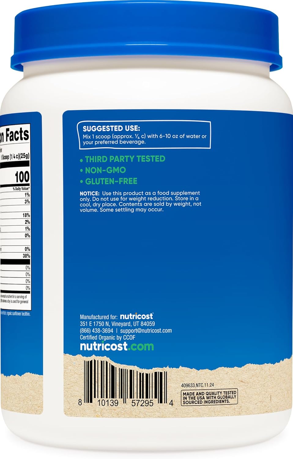 Organic Whey Protein Concentrate Powder - Unflavored (1LB) - Gluten-Free, Non-GMO by Nutricost