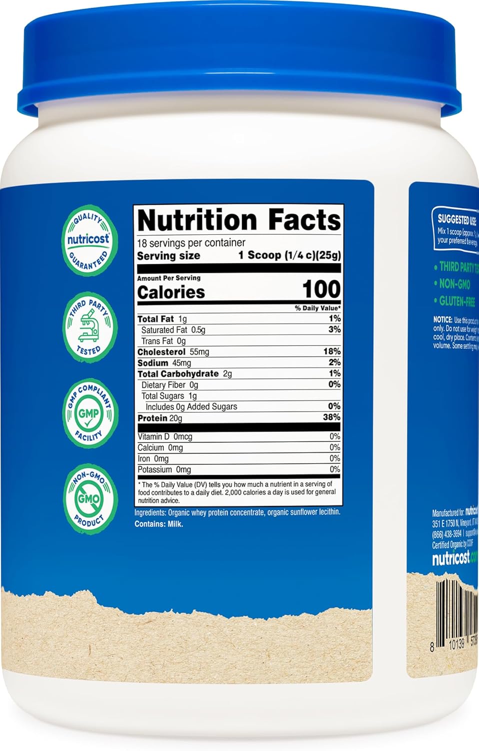 Organic Whey Protein Concentrate Powder - Unflavored (1LB) - Gluten-Free, Non-GMO by Nutricost