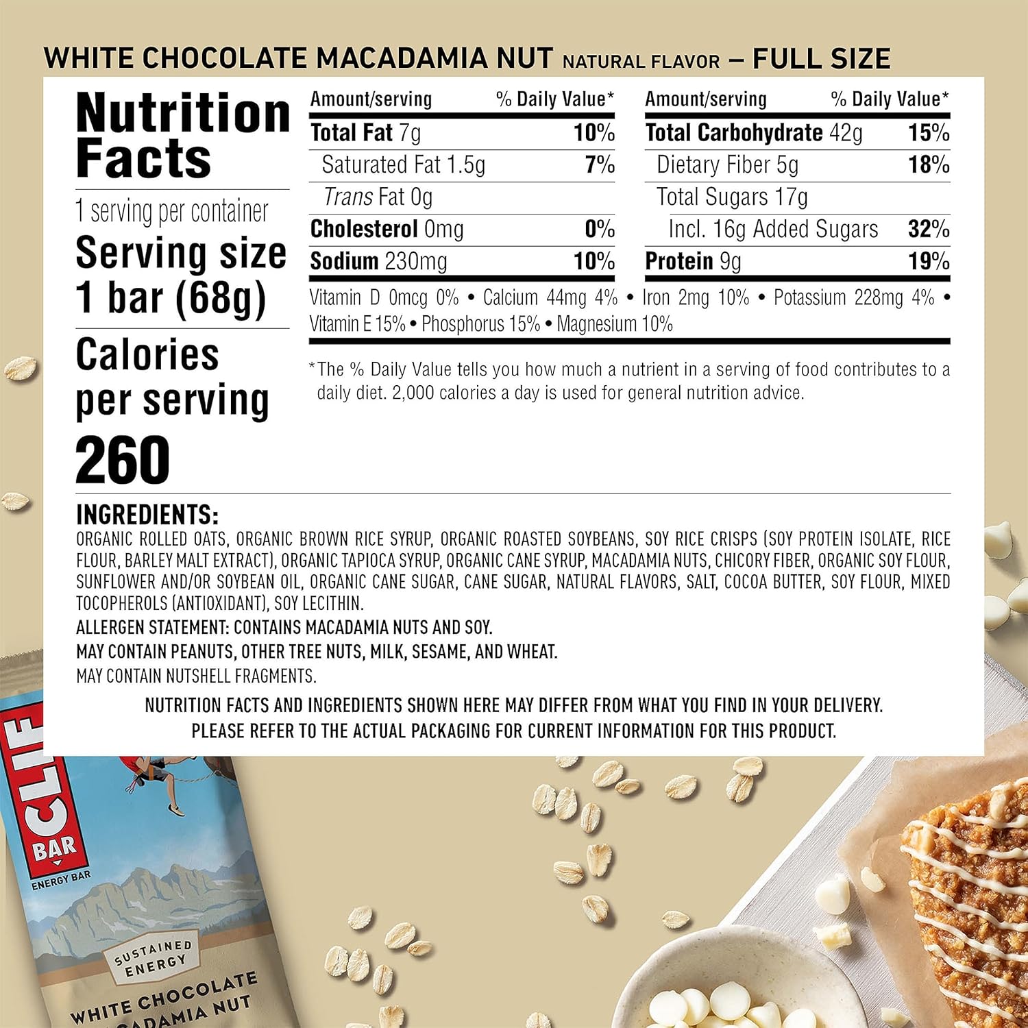 Organic White Chocolate Macadamia Nut CLIF BAR Energy Bars - Full Size and Mini - Non-GMO - Plant Based - 20 Count