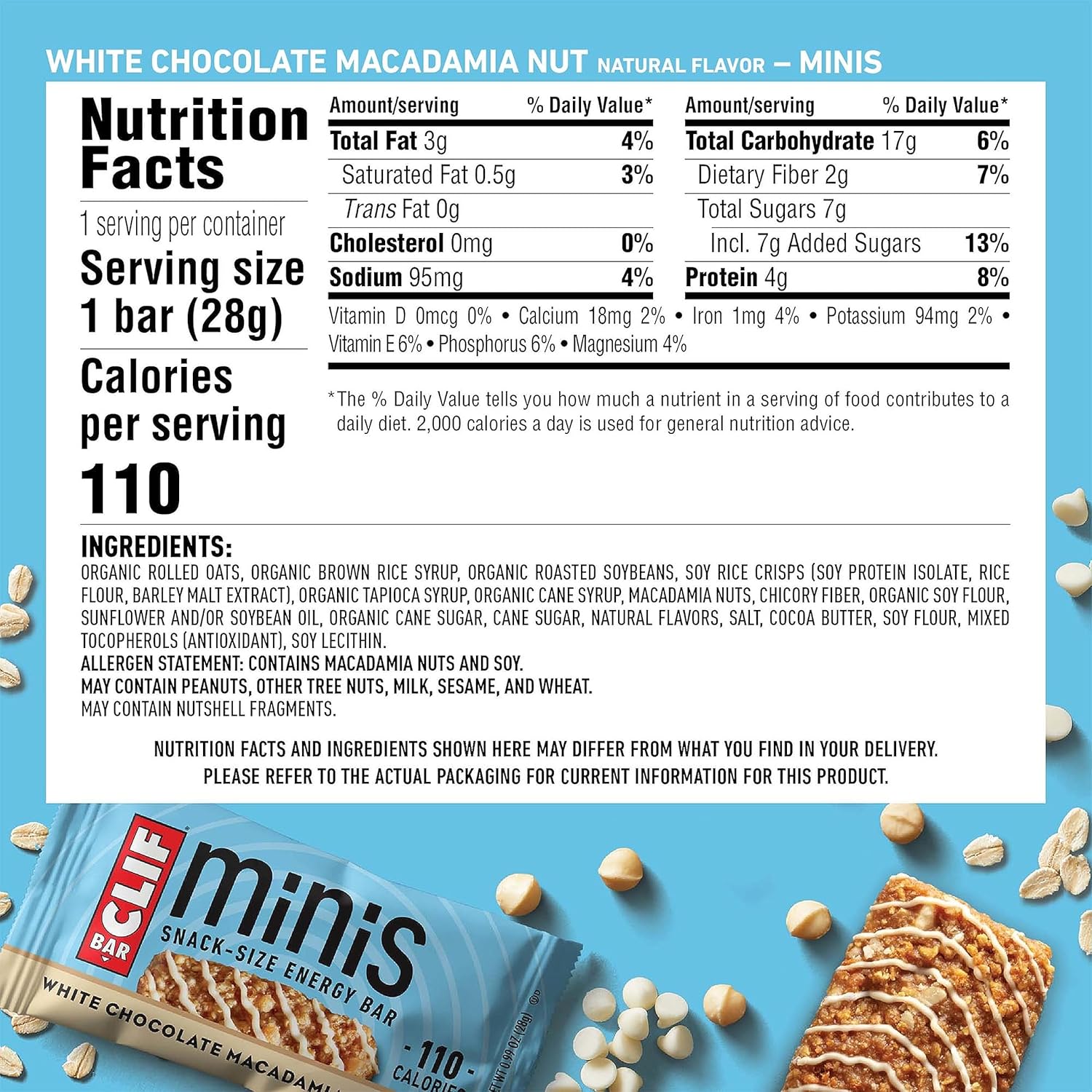 Organic White Chocolate Macadamia Nut CLIF BAR Energy Bars - Full Size and Mini - Non-GMO - Plant Based - 20 Count