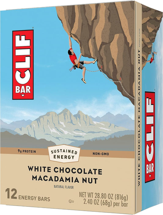 Organic White Chocolate Macadamia Nut Clif Bars - 9g Protein, Non-GMO, Plant Based Energy Bars - 12 Pack of 2.4 oz Bars