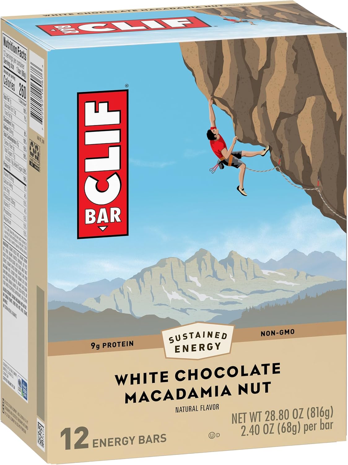 Organic White Chocolate Macadamia Nut Clif Bars - 9g Protein, Non-GMO, Plant Based Energy Bars - 12 Pack of 2.4 oz Bars