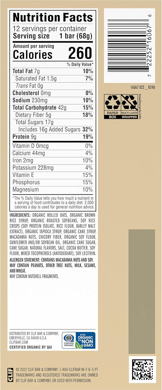 Organic White Chocolate Macadamia Nut Clif Bars - 9g Protein, Non-GMO, Plant Based Energy Bars - 12 Pack of 2.4 oz Bars