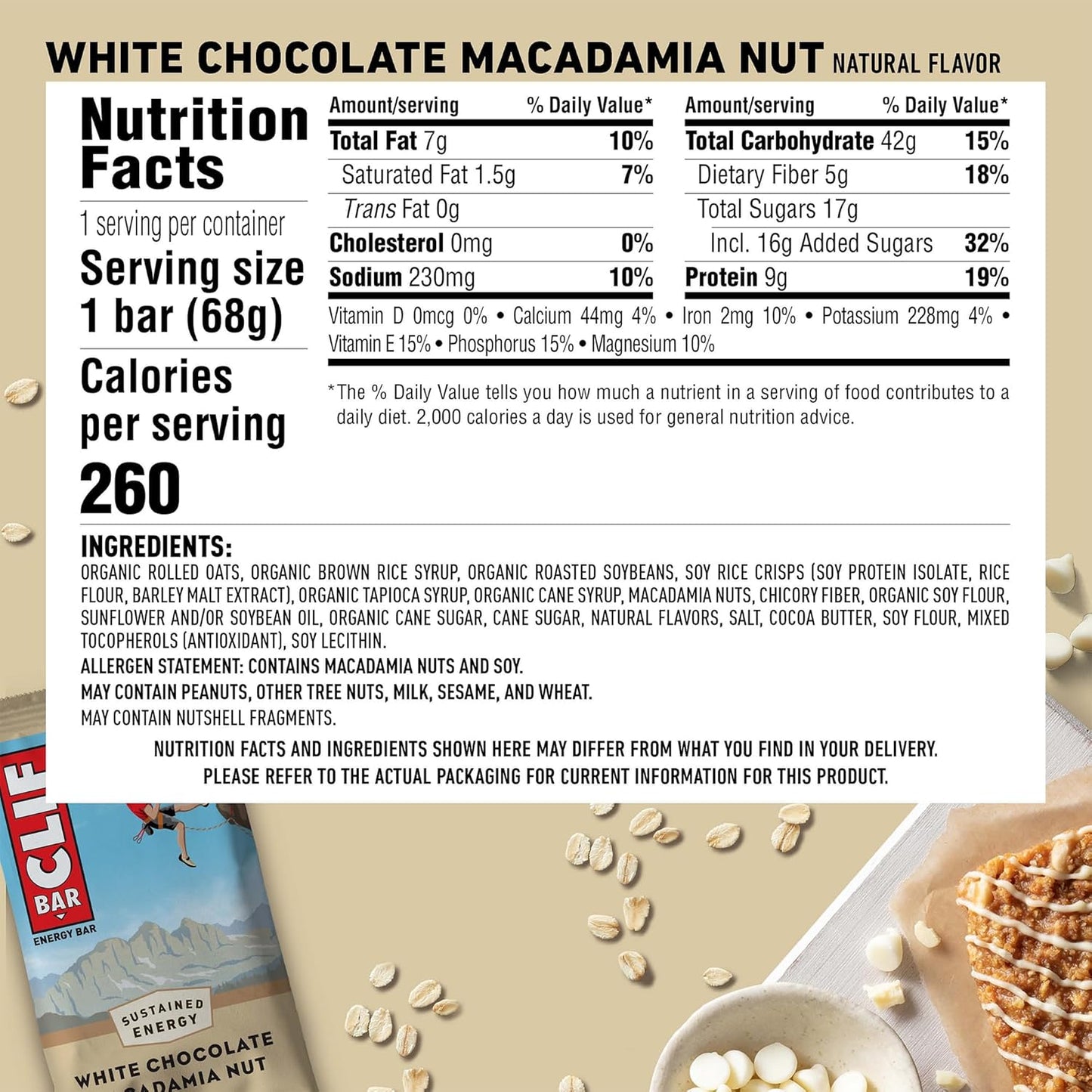 Organic White Chocolate Macadamia Nut Clif Bars - 9g Protein, Non-GMO, Plant Based Energy Bars - 12 Pack of 2.4 oz Bars