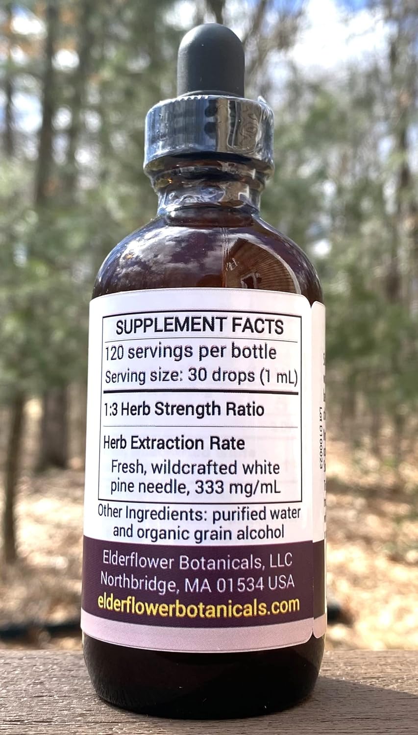 Organic White Pine Needle Elixir with Elderflower Botanicals, Sweet Pine Flavor, Sugar-Free Extract, High in Shikimic Acid - 4 Fl Oz