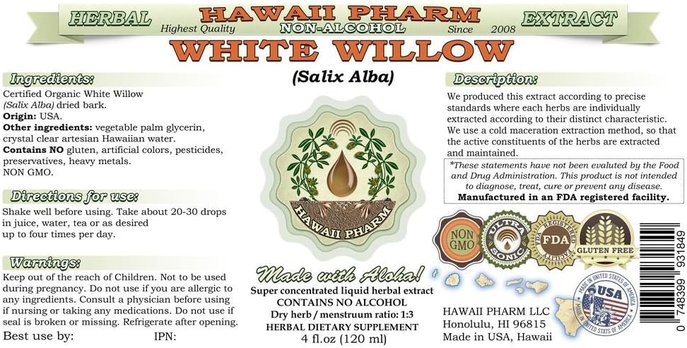 Organic White Willow Alcohol-Free Liquid Extract - 8 fl.oz - Natural Herbal Supplement from Hawaii Pharm
