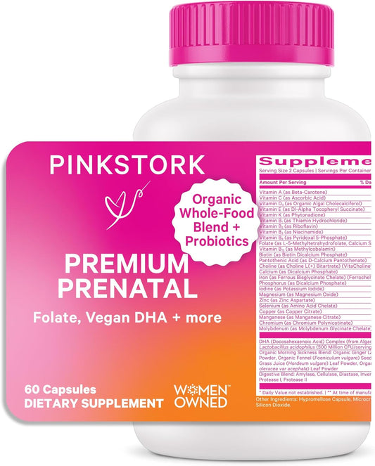 Organic Whole-Food Prenatal Vitamin with Probiotics for Women - Supports Morning Sickness, Digestion, & Energy - Folate, B6, Iron - 60 Capsules