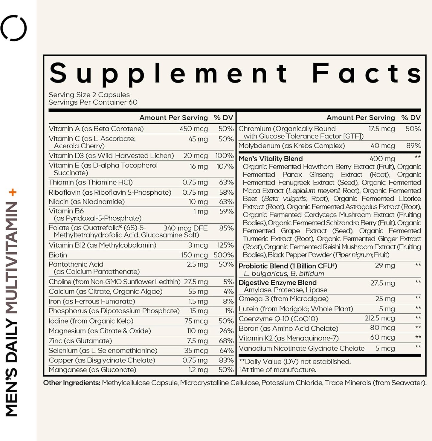 Organic Whole Foods Men's Daily Multivitamin Supplement with 25+ Vitamins & Minerals, Probiotics, Omega-3, 2 Pack