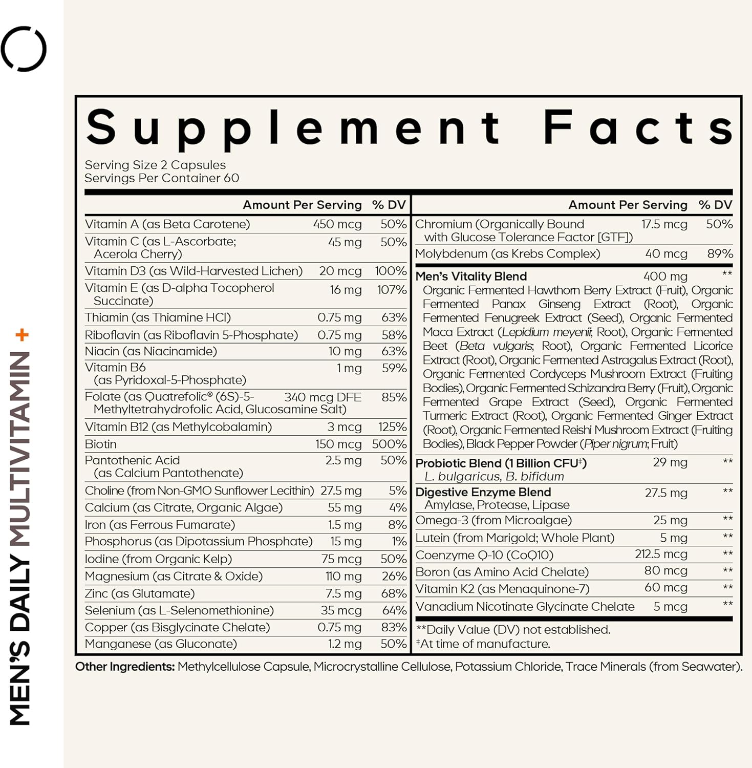 Organic Whole Foods Men's Daily Multivitamin Supplement with 25+ Vitamins & Minerals, Probiotics, Omega-3, 2 Pack