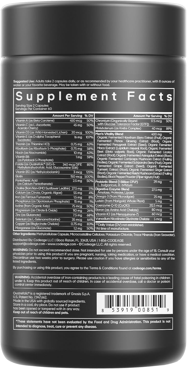 Organic Whole Foods Men's Daily Multivitamin Supplement with 25+ Vitamins & Minerals, Probiotics, Omega-3, 2 Pack