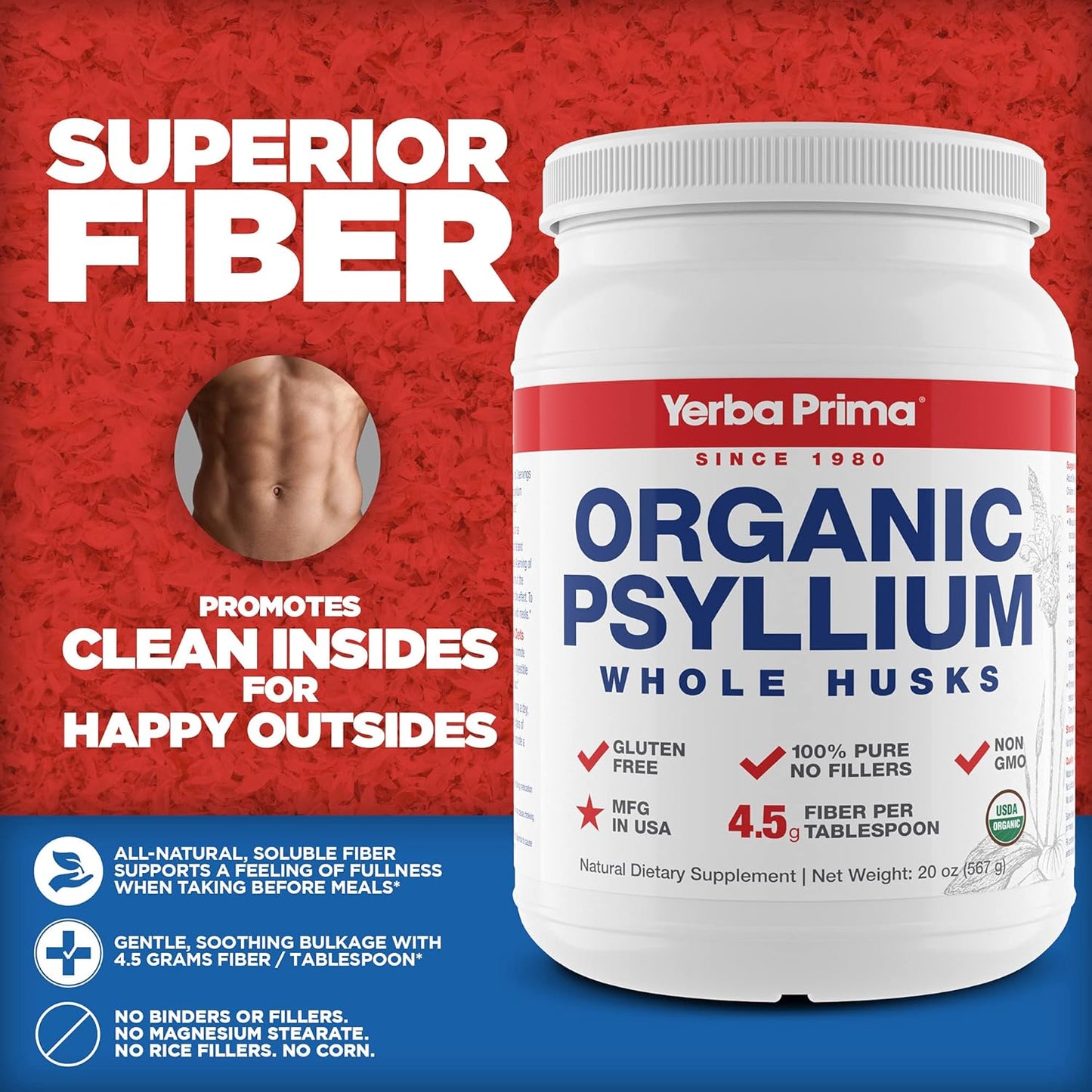 Organic Whole Psyllium Husks Fiber - 40 oz (2 Pack) - Dietary Fiber Supplement for Colon Cleansing, Regularity & Detox Support - Gluten Free, Non GMO, Vegan - Yerba Prima