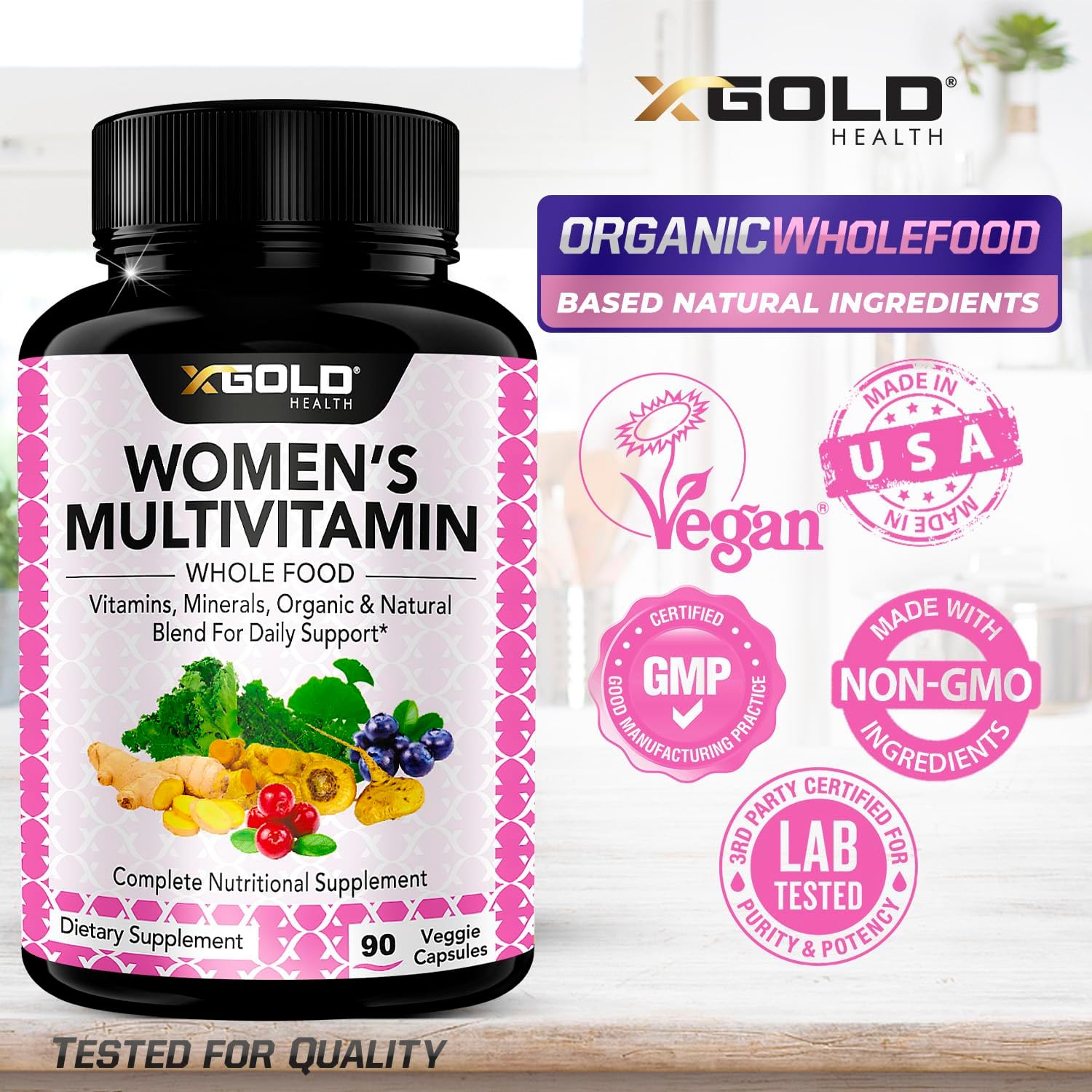 Organic WholeFood Women's Daily Multivitamin 50 Plus with Ginger, Maca, B Complex - Energy & Immune Support - 90 Capsules