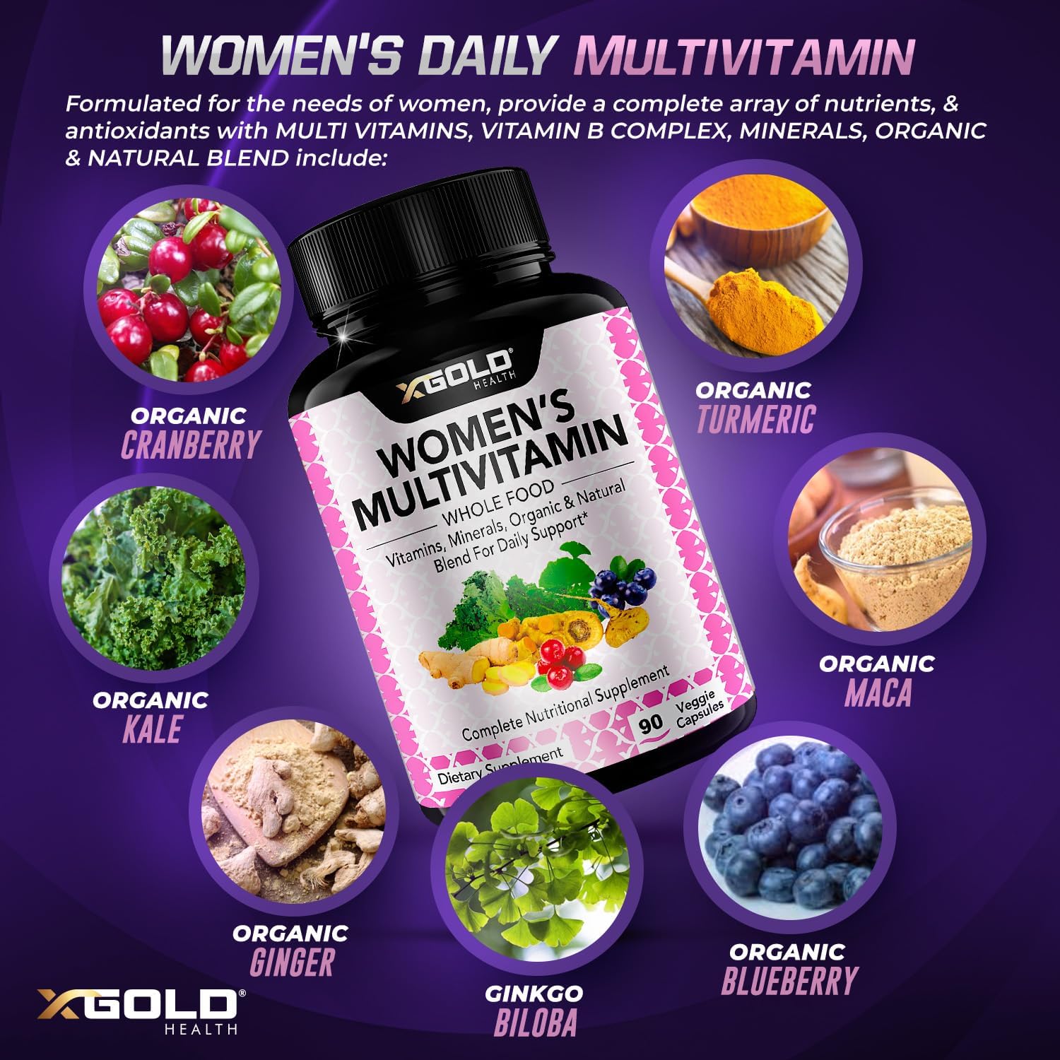 Organic WholeFood Women's Daily Multivitamin 50 Plus with Ginger, Maca, B Complex - Energy & Immune Support - 90 Capsules