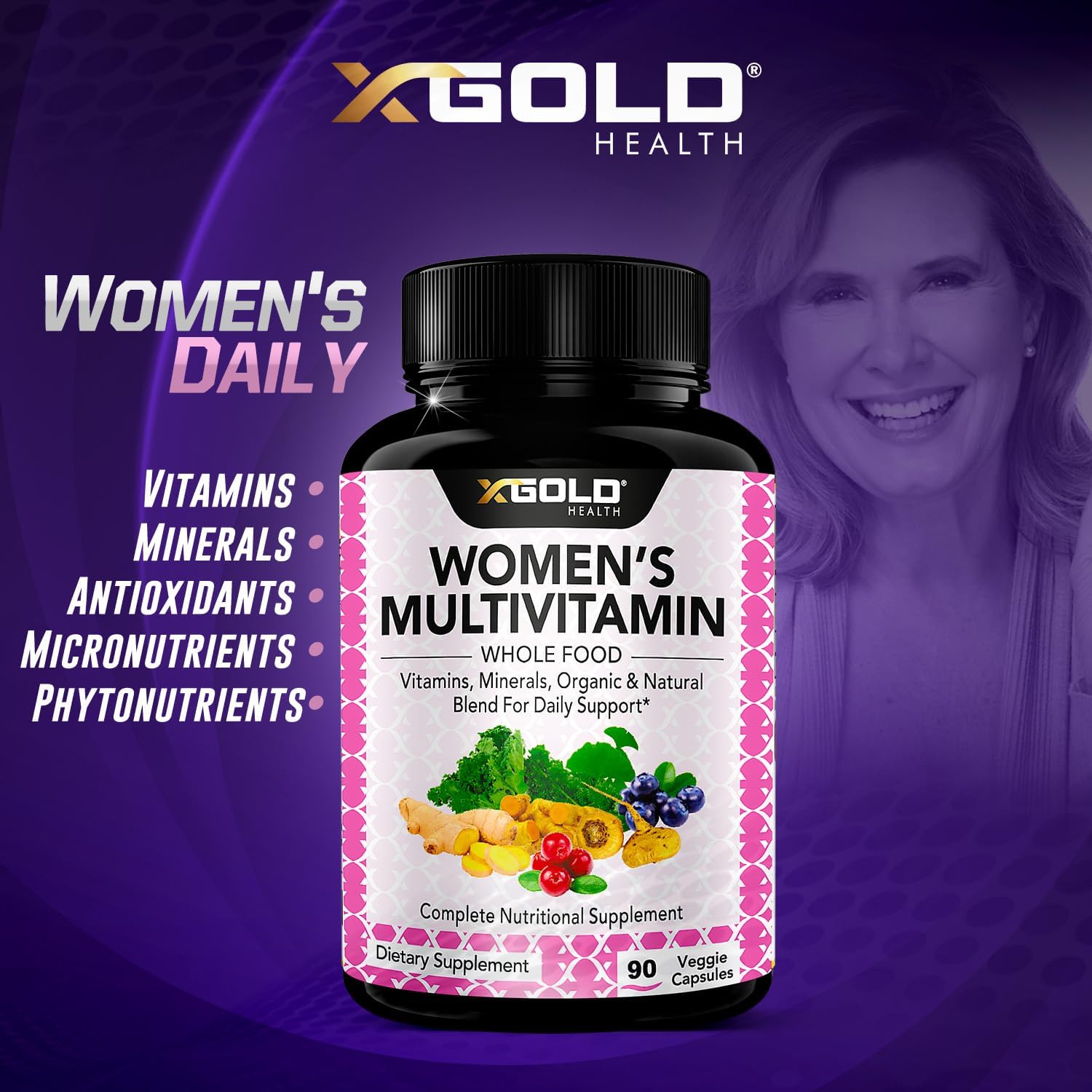 Organic WholeFood Women's Daily Multivitamin 50 Plus with Ginger, Maca, B Complex - Energy & Immune Support - 90 Capsules