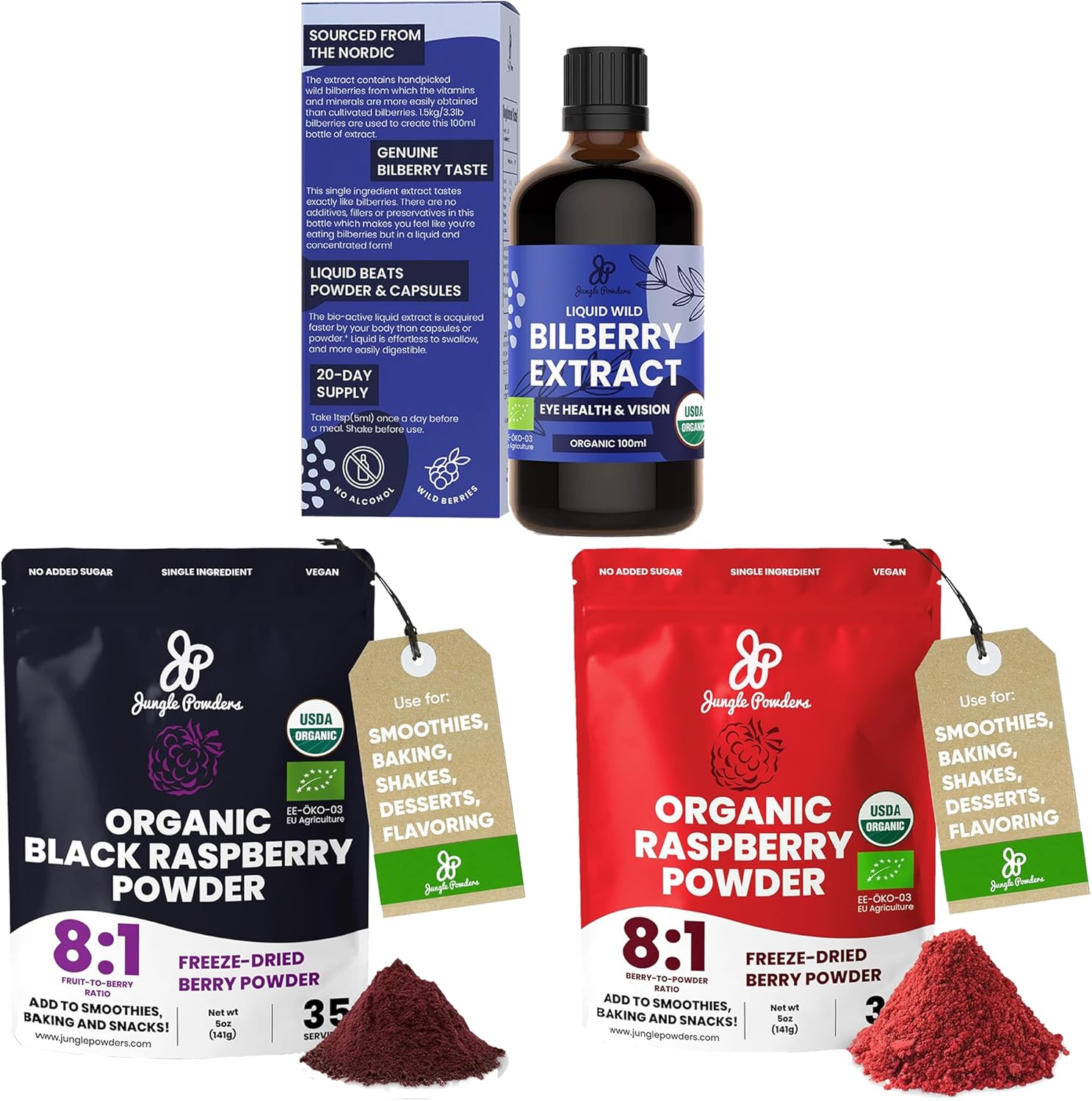 Organic Wild Bilberry Extract and Black Red Raspberry Powders Bundle - 3.4oz Bottle and 5 Ounce Bag - for Eyes, Baking, and Smoothies