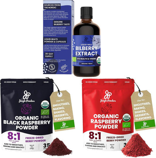 Organic Wild Bilberry Extract and Black Red Raspberry Powders Bundle - 3.4oz Bottle and 5 Ounce Bag - for Eyes, Baking, and Smoothies