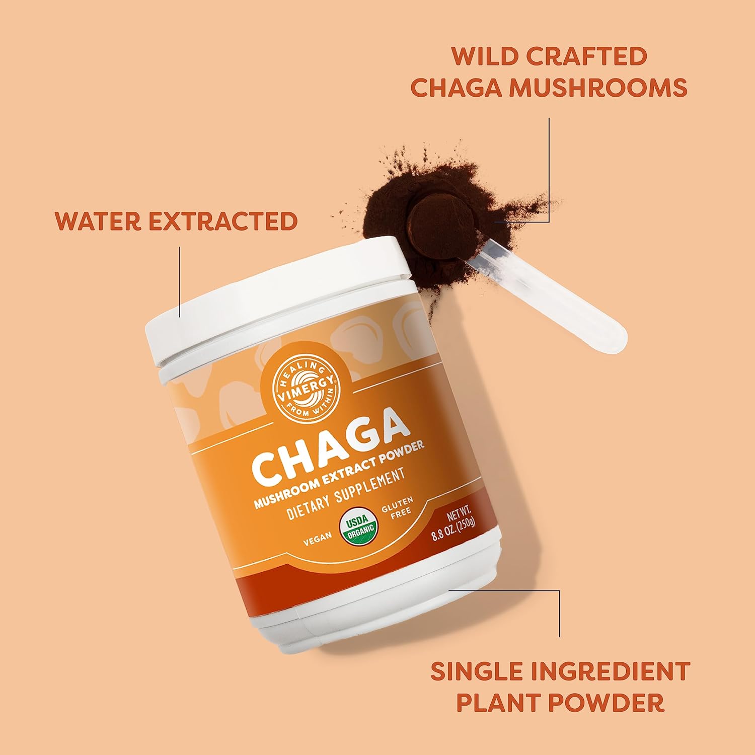 Organic Wild Chaga Mushroom Extract Powder - 166 Servings, Ideal for Tea, Coffee, Smoothies - Cardiovascular Support - Kosher, Vegan, Gluten-Free - Pure Chaga, No Fillers - 250g