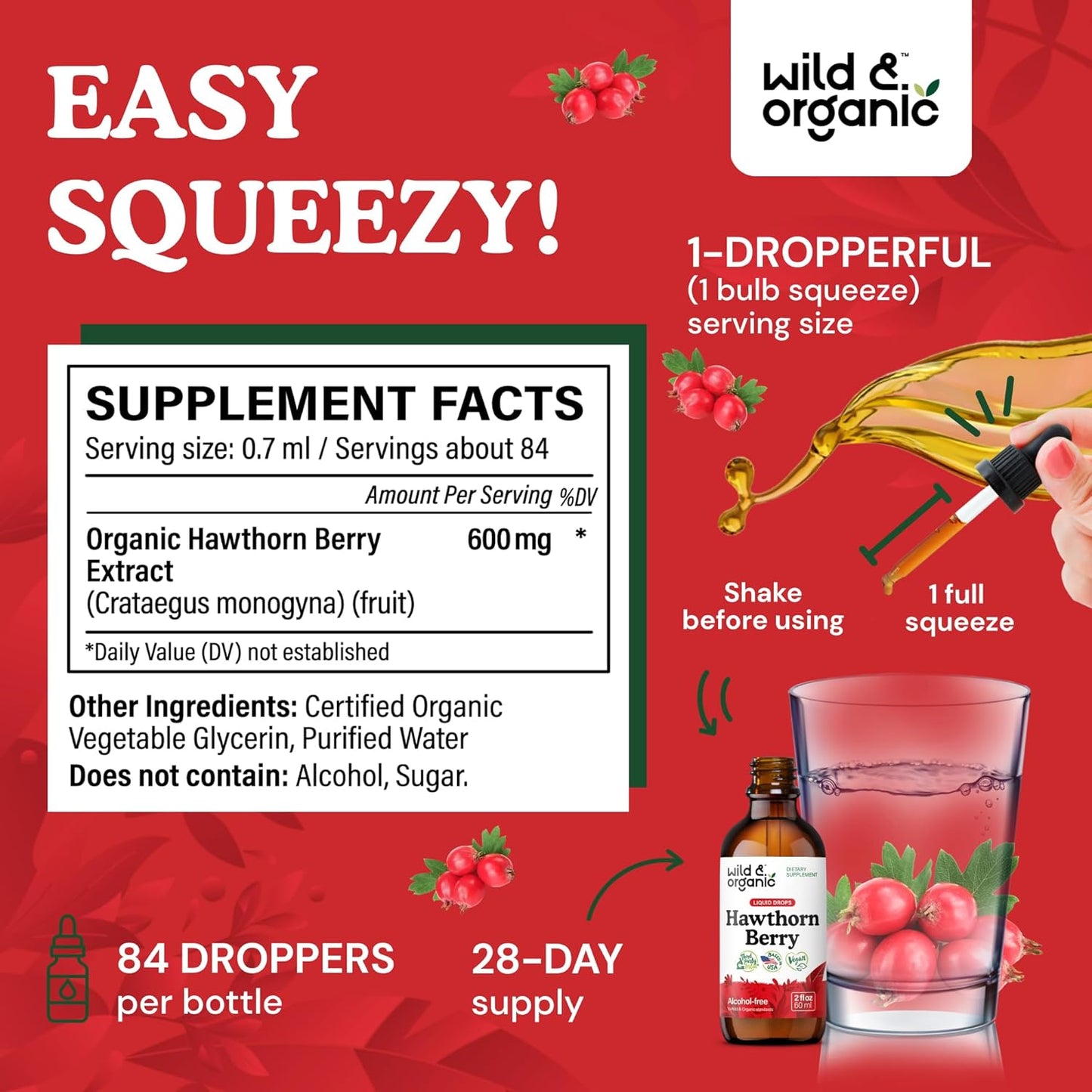 Organic Wild Hawthorn Berry Extract Drops 600mg - Liquid Supplement for Overall Health Support - Vegan & Sugar-Free Tincture - 2 fl oz