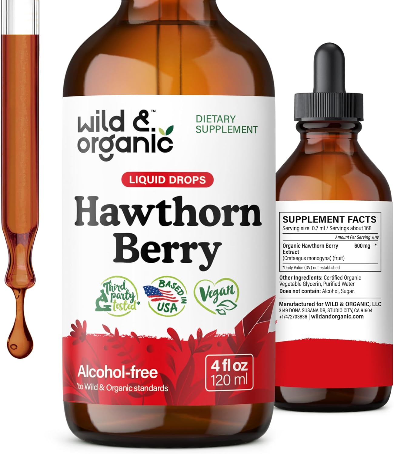 Organic Wild Hawthorn Berry Tincture - 600 mg Liquid Supplement - Vegan, Sugar & Alcohol-Free - 4 fl oz Bottle