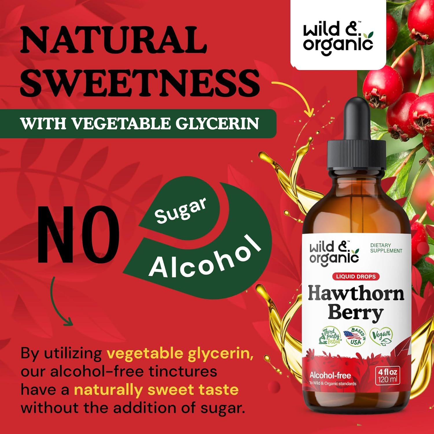 Organic Wild Hawthorn Berry Tincture - 600 mg Liquid Supplement - Vegan, Sugar & Alcohol-Free - 4 fl oz Bottle