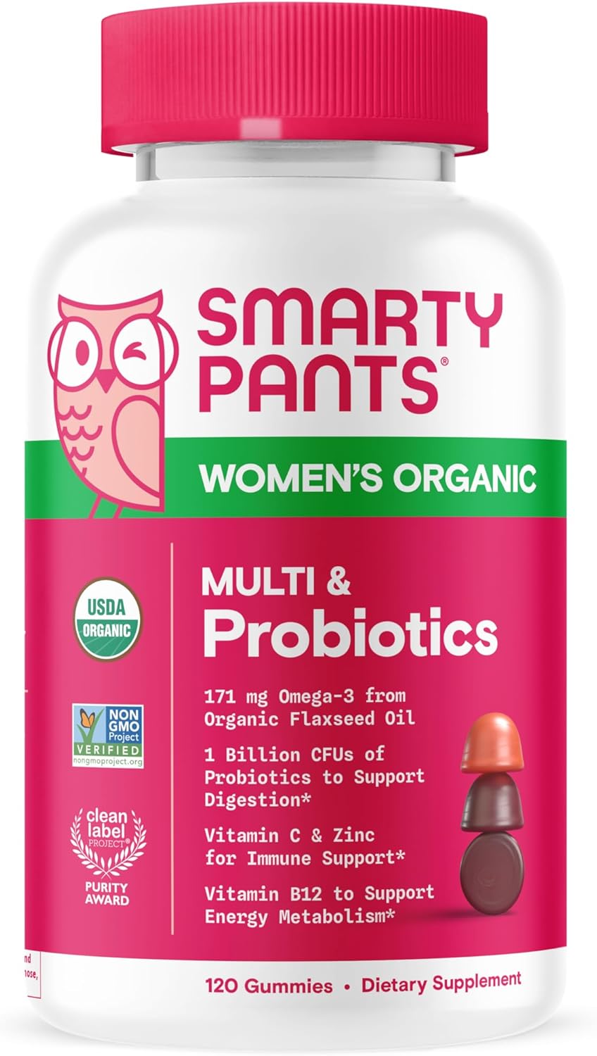Organic Women's Multivitamin Gummies with Biotin, Probiotics, Omega 3, Vitamin D3, C, B12, B6, A, K & Zinc - 120 Count