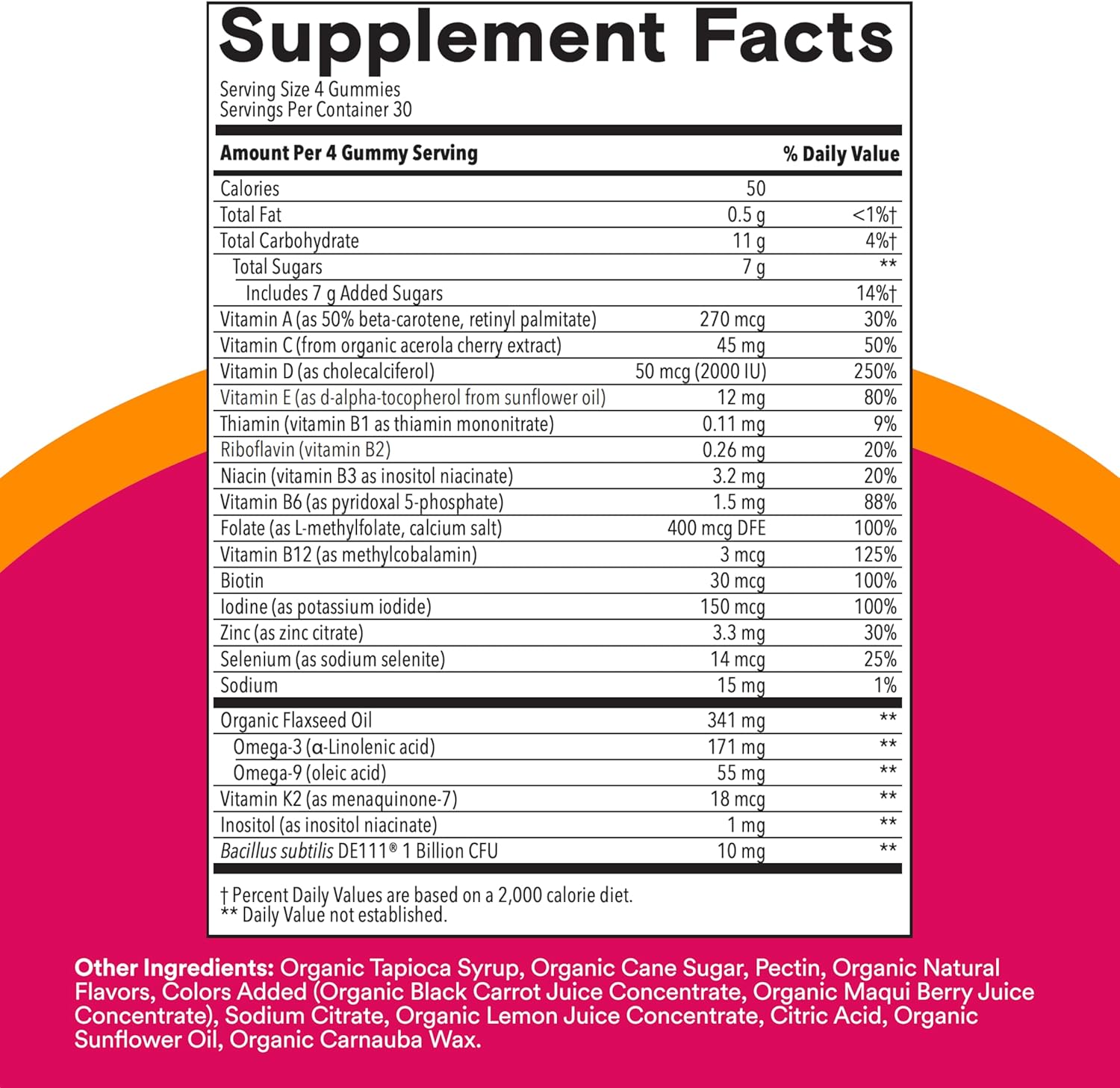 Organic Women's Multivitamin Gummies with Biotin, Probiotics, Omega 3, Vitamin D3, C, B12, B6, A, K & Zinc - 120 Count