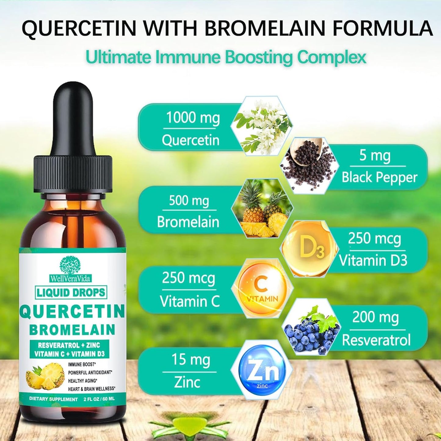 Organic Zinc Quercetin Liquid Drops with Bromelain - Immune Support & Antioxidant Formula, 4X Stronger - 1000mg Quercetin, 500mg Bromelain, Vitamin C D3 - Respiratory Health Booster