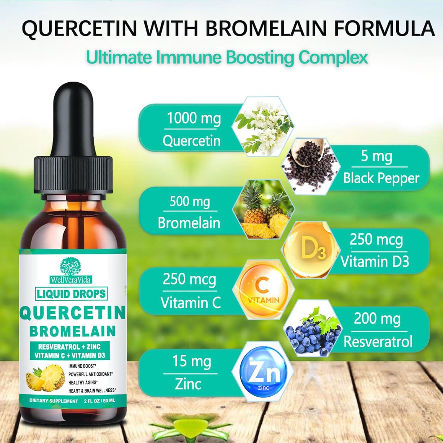 Organic Zinc Quercetin Liquid Drops with Bromelain - Immune Support & Antioxidant Formula, 4X Stronger - 1000mg Quercetin, 500mg Bromelain, Vitamin C D3 - Respiratory Health Booster