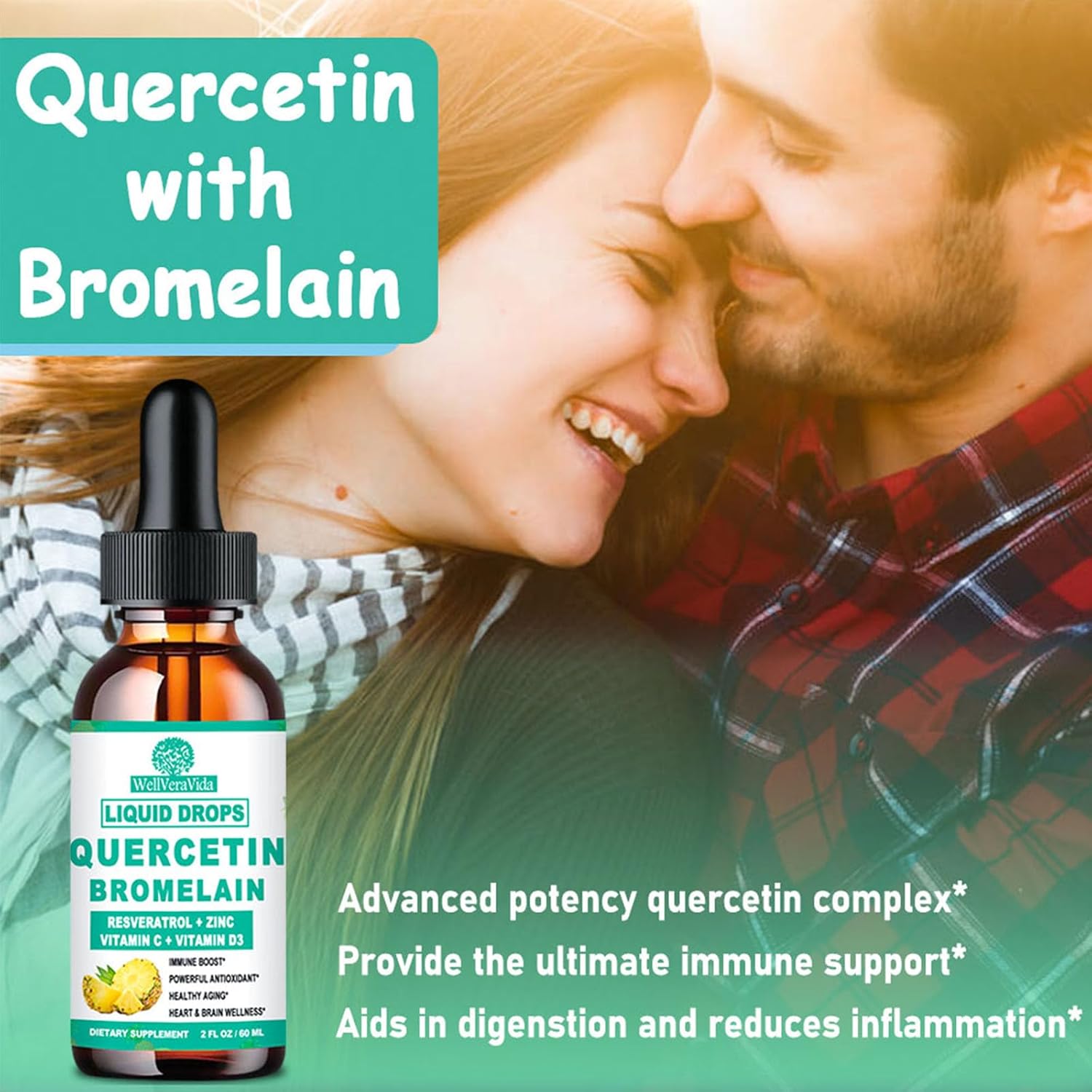 Organic Zinc Quercetin Liquid Drops with Bromelain - Immune Support & Antioxidant Formula, 4X Stronger - 1000mg Quercetin, 500mg Bromelain, Vitamin C D3 - Respiratory Health Booster
