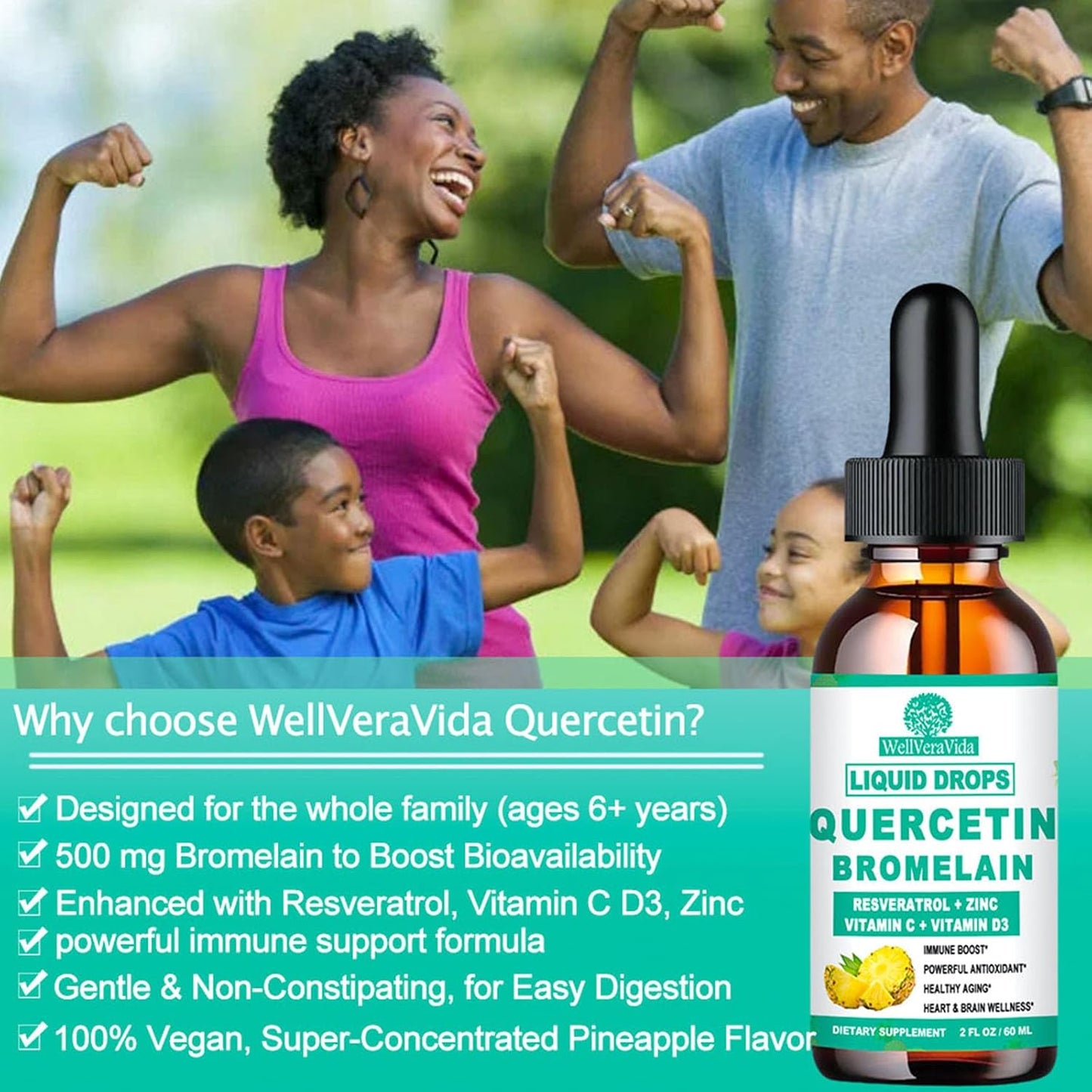Organic Zinc Quercetin Liquid Drops with Bromelain - Immune Support & Antioxidant Formula, 4X Stronger - 1000mg Quercetin, 500mg Bromelain, Vitamin C D3 - Respiratory Health Booster