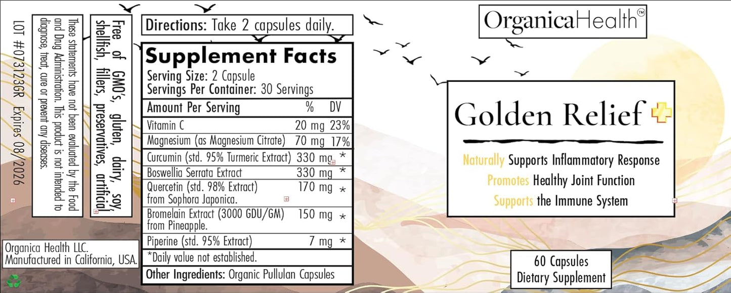 OrganicaHealth Golden Relief Capsules - Joint Support with Turmeric, Quercetin, Bromelain, Boswellia - Immune & Muscle Care - 60 Capsules