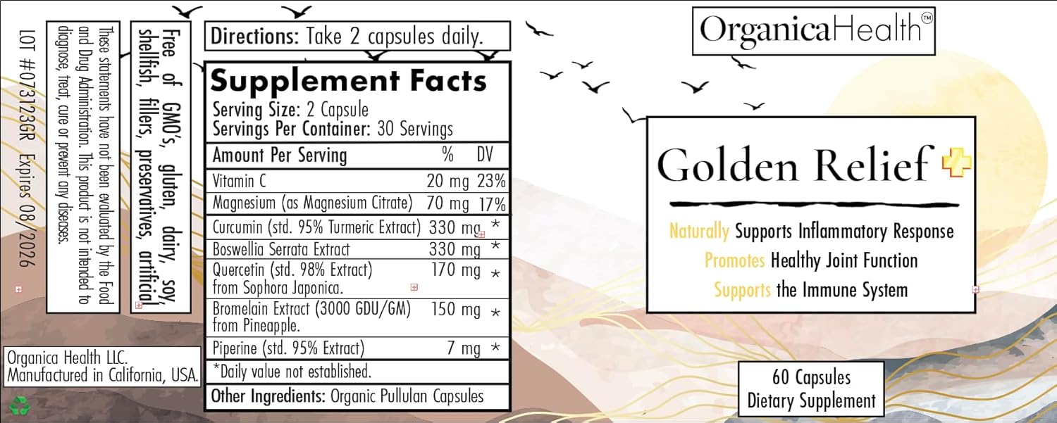 OrganicaHealth Golden Relief Capsules - Joint Support with Turmeric, Quercetin, Bromelain, Boswellia - Immune & Muscle Care - 60 Capsules