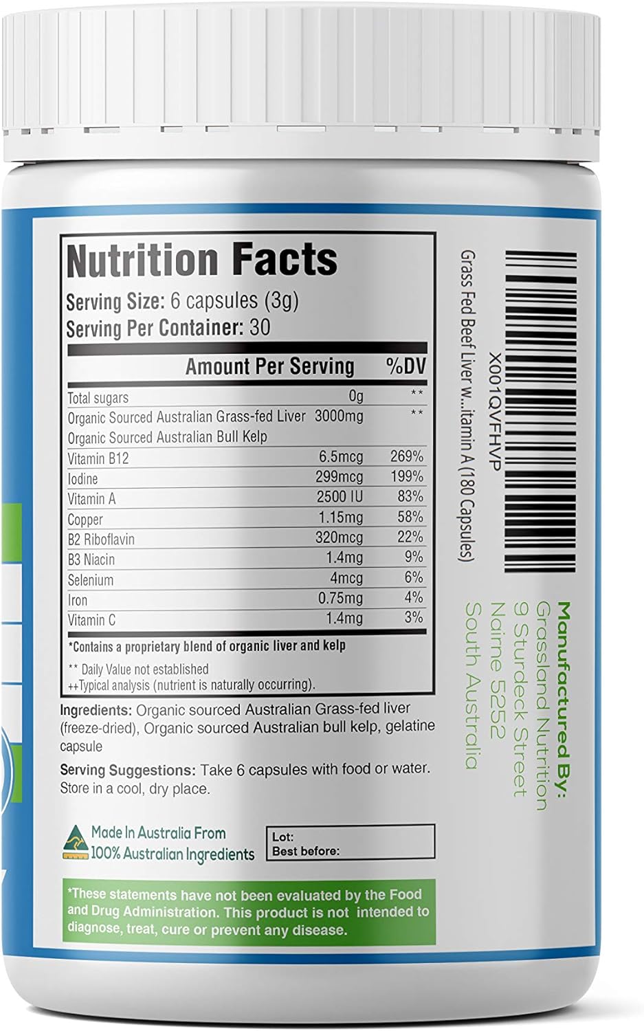 Organically Sourced Grass Fed Beef Liver & Kelp Capsules with B12, Iodine, Iron, Vitamin A - Halal Certified Energy Formula (180 Count)
