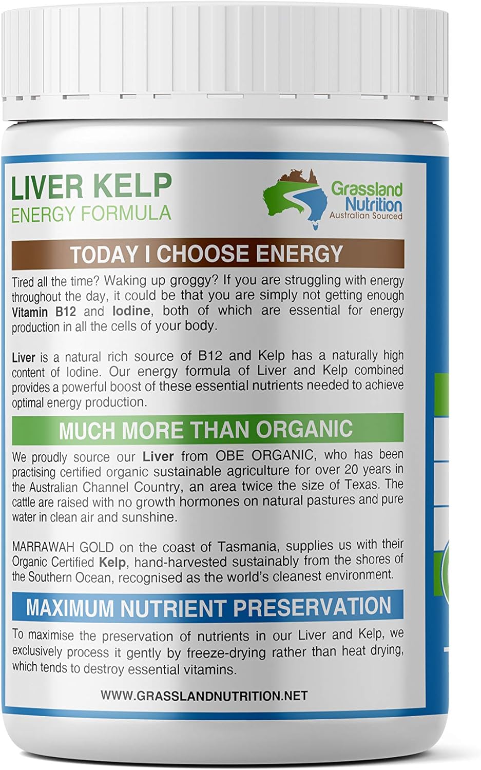 Organically Sourced Grass Fed Beef Liver & Kelp Capsules with B12, Iodine, Iron, Vitamin A - Halal Certified Energy Formula (180 Count)