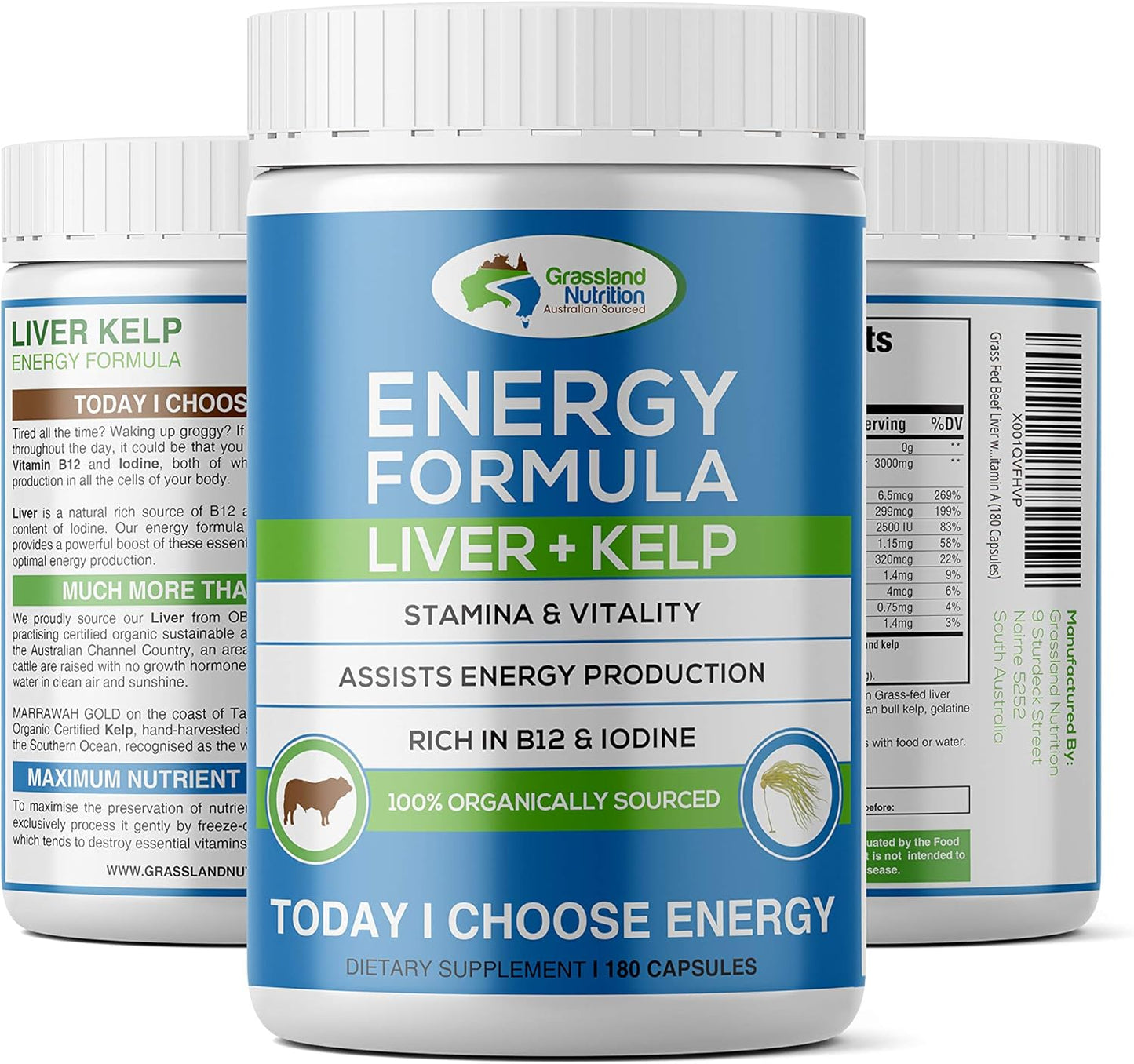 Organically Sourced Grass Fed Beef Liver & Kelp Capsules with B12, Iodine, Iron, Vitamin A - Halal Certified Energy Formula (180 Count)
