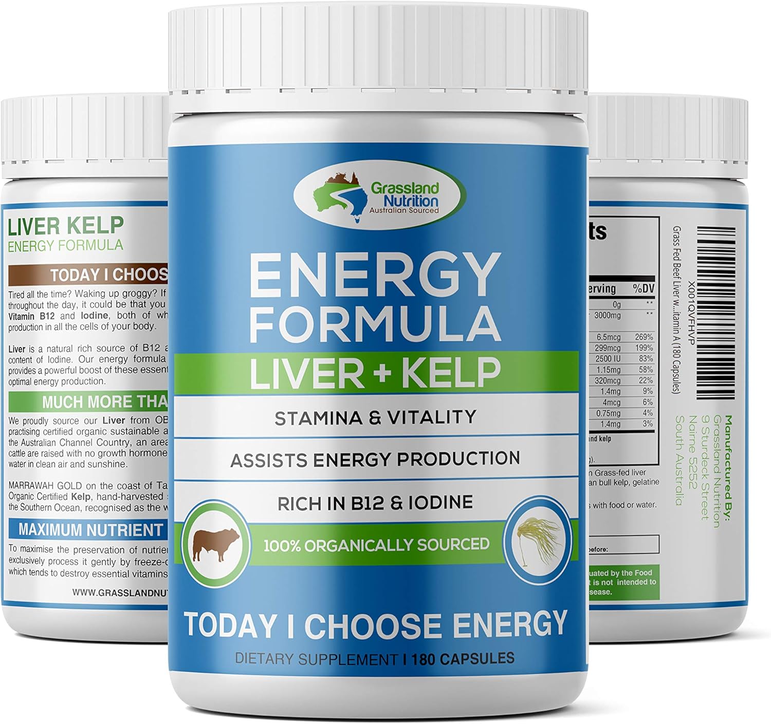 Organically Sourced Grass Fed Beef Liver & Kelp Capsules with B12, Iodine, Iron, Vitamin A - Halal Certified Energy Formula (180 Count)