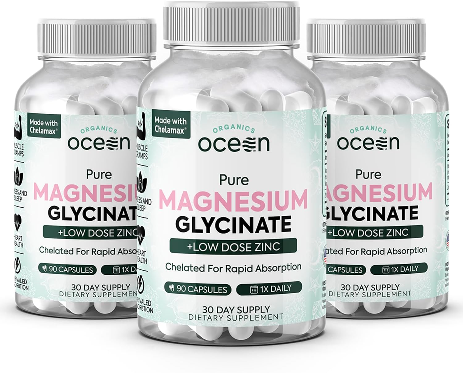 Organics Ocean Pure Magnesium Glycinate with Zinc - Maximum Strength Chelated Supplement for Muscle Cramps and Sleep Support - 3 Bottles for Women and Men